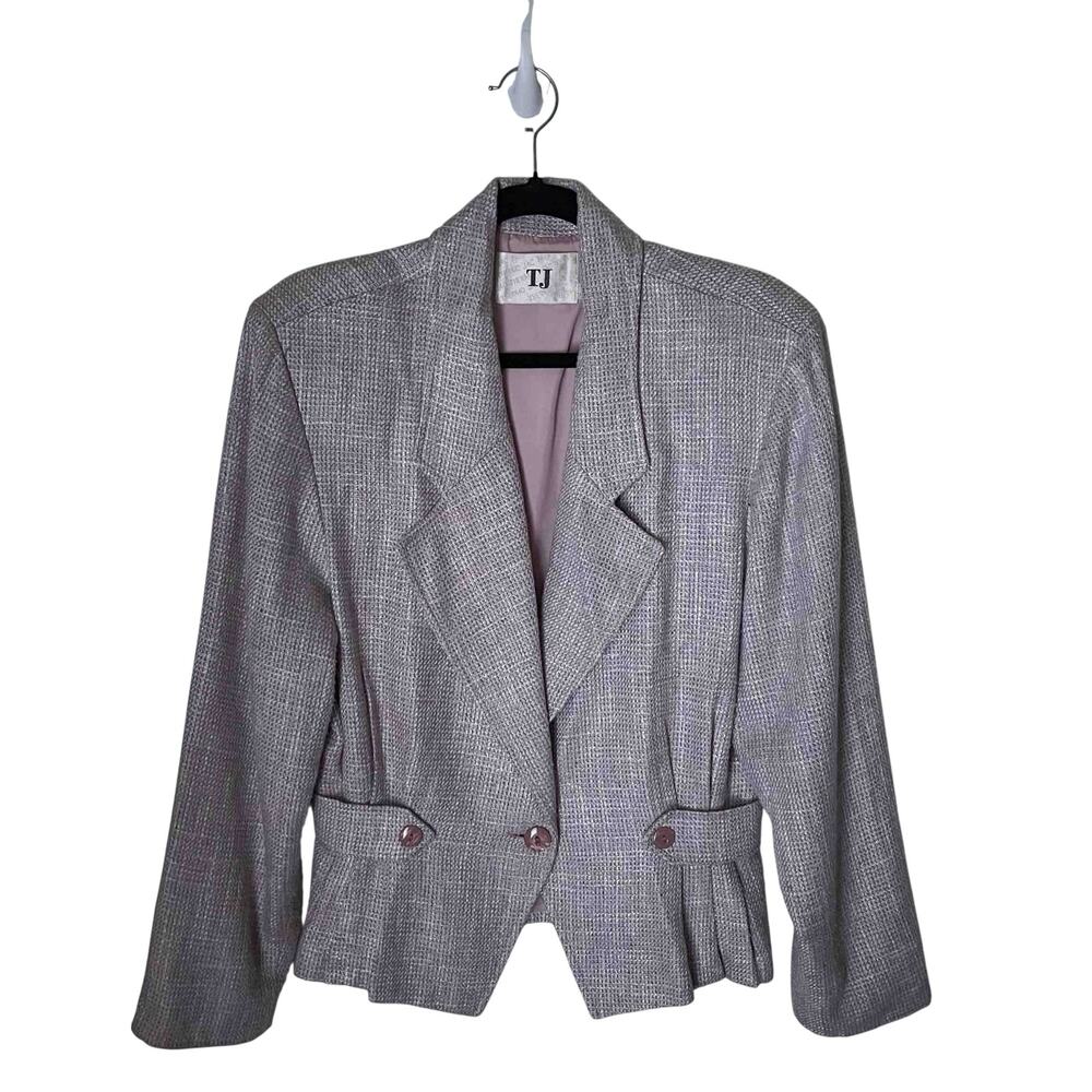 Vtg Women's TJ Thermo Jac Single Breasted Peplum Blazer Gray Tweed Silk Size 12